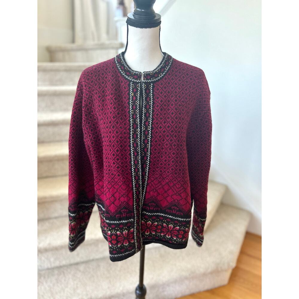 Vintage Frost Petite Burgundy Icelandic Fair Isle Snowflake Wool Cardigan